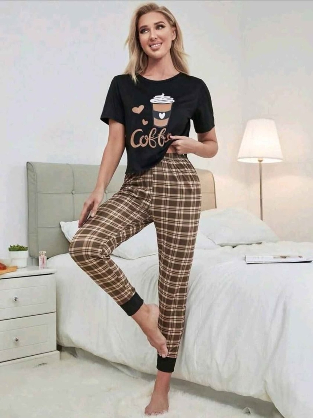 Coffee Graphic Black Tee & Brown Plaid Jogger Pajama Set